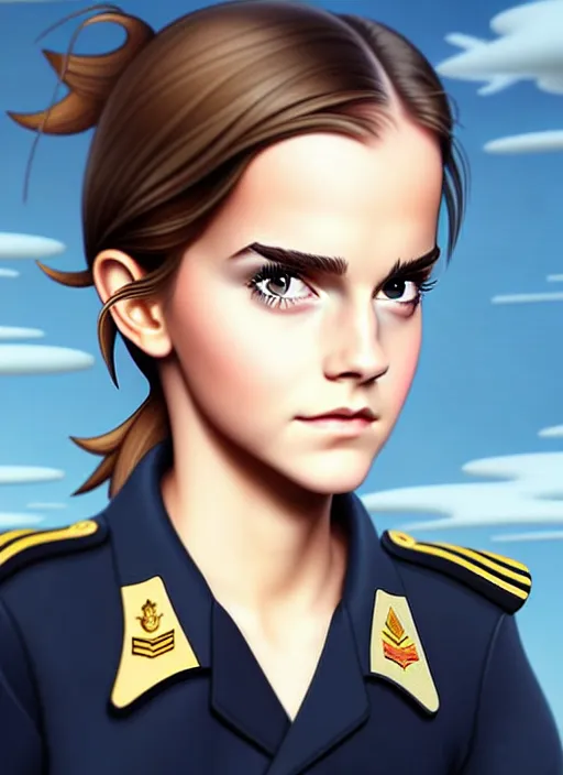 Image similar to cute navy officer emma watson, natural lighting, path traced, highly detailed, high quality, digital painting, by don bluth and ross tran and studio ghibli and alphonse mucha, artgerm