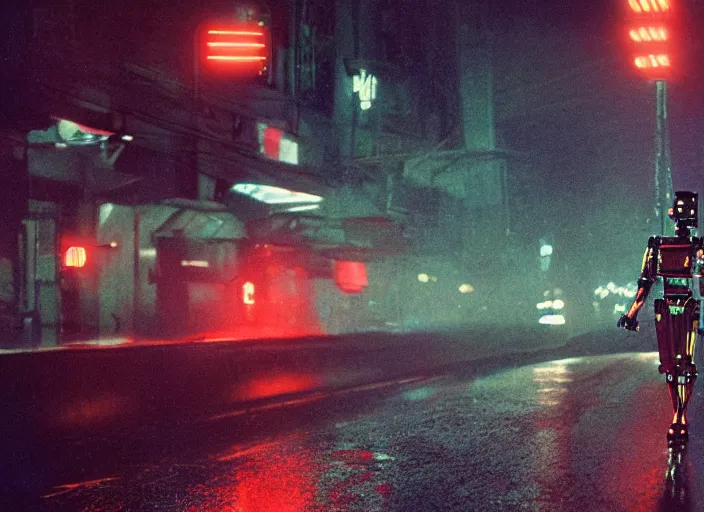 Image similar to a kodachrome photo of a tall huge metallic cyborg droid with glowing lights and sparks and lightning flying from inside, running sprinting on a rainy night in the city in the 1 9 5 0's, dramatic, seen from a distance, canon 5 0 mm, cinematic lighting, film, photography, award - winning, neon, cyberpunk, blade runner