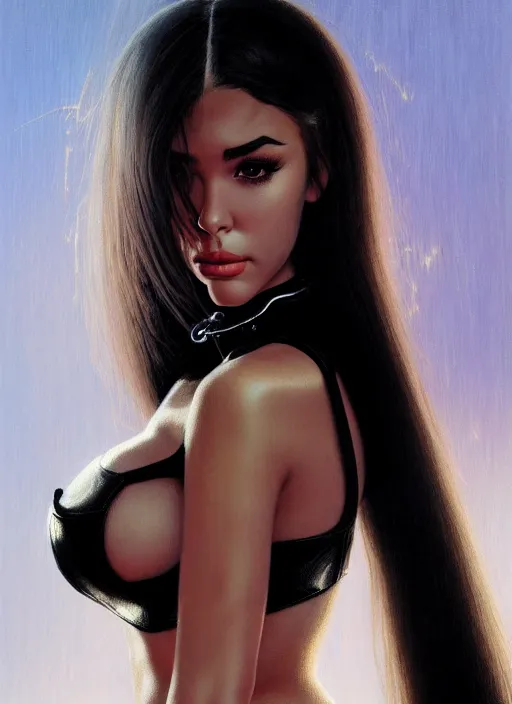 Prompt: portrait of madison beer as a sultry domina, collar and leash, leather, greek, intricate, headshot, madison beer face, highly detailed, digital painting, artstation, concept art, sharp focus, cinematic lighting, illustration, art by artgerm and greg rutkowski, frank frazetta, boris vallejo, alphonse mucha, cgsociety