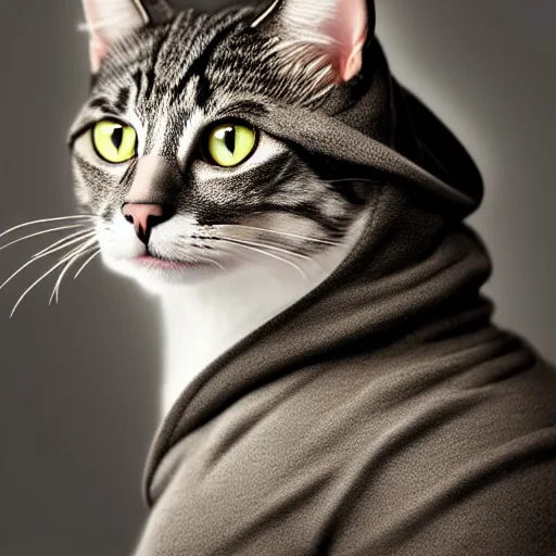 Prompt: a studio photograph of a cat wearing a hoodie,realistic,photorealistic,hyperdetailed,hyperrealistic,detailed face,highly detailed,professional photo,professional lighting,studio photo,studio lighting,digital art,ultra realistic,ultra detailed,art by greg rutkowski