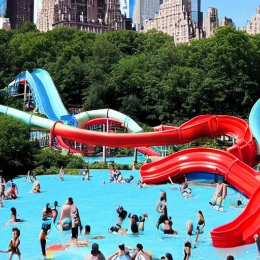 Image similar to photo of a large water park with numerous slides and water rides inside of central park. the new york city skyline is shown in the background.