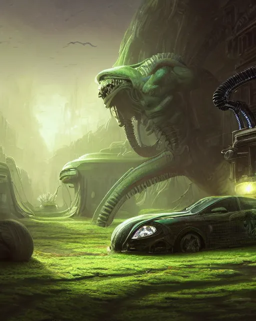 Image similar to xenomorph taxi car in a fantasy village, calming, uplifting mood, ultra realistic, farm, small buildings, alien car, highly detailed, atmosphere, masterpiece, epic lighting, elves, green plants, magic, illuminated, 4 k, cinematic, morning sun, art by eddie mendoza, sylvain sarrailh