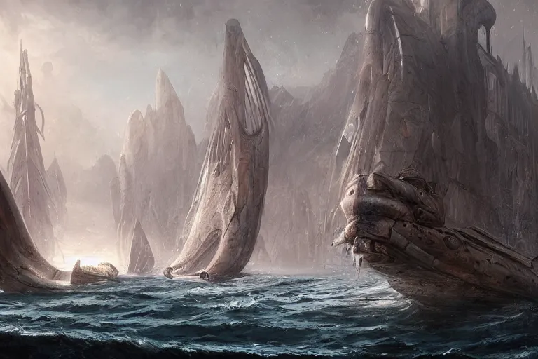 Image similar to Scylla and Charybdis and a Trireme by Jessica Rossier and HR Giger cinematic concept painting