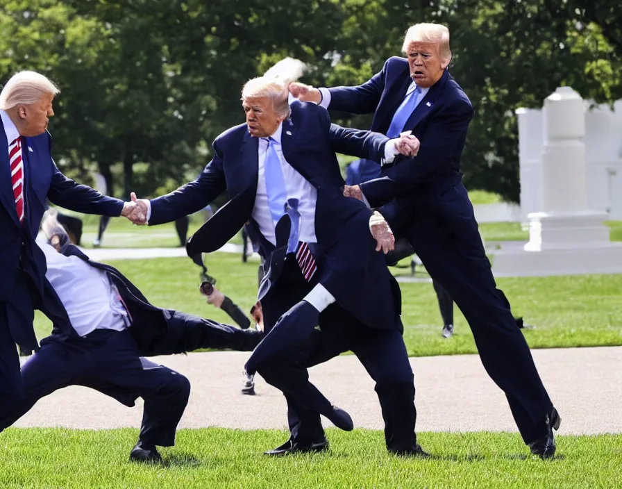 Prompt: joe biden losing an altercation with trump on the white house lawn in front of the white house, boxing, wwe, wwf