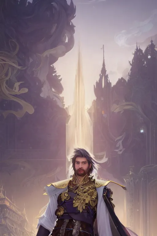 Prompt: portrait of a man with modern hairs, soft smile, final fantasy, league of legends champion, strong iridescent light, by chengwei pan and sakimichan and greg rutkowski and alphonse mucha, gradient white to gold, in front of a magical building background, highly detailed portrait, digital painting, smooth, focus illustration