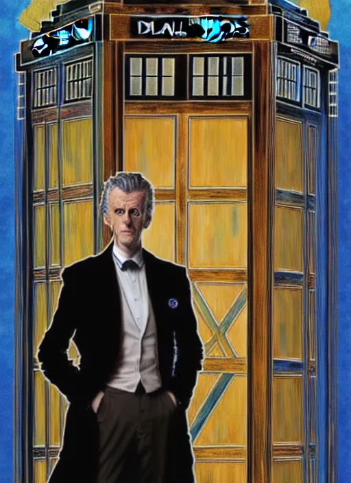 Prompt: oil portrait of the twelfth doctor from doctor who with his tardis, intricate, elegant, highly detailed, lighting, painting, artstation, smooth, illustration, art by greg rutowski and alphonse mucha