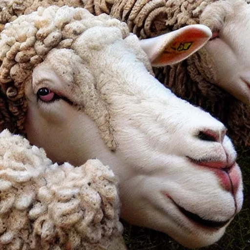 Image similar to sheep closeup with two sheep companions, beautiful, intricate, hyper detailed