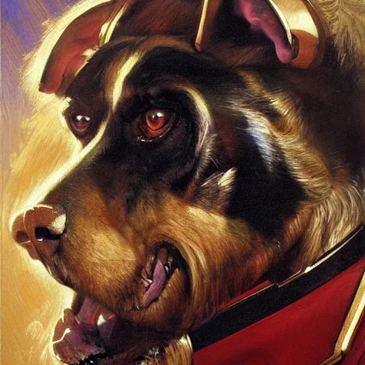 Image similar to a portrait of a manly and muscular and handsome and attractive dogman canine, star trek the next generation. highly detailed painting by gaston bussiere, craig mullins, j. c. leyendecker, furry