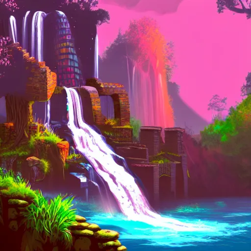Image similar to Ancient ruins and waterfalls, retrowave art, trending on art station