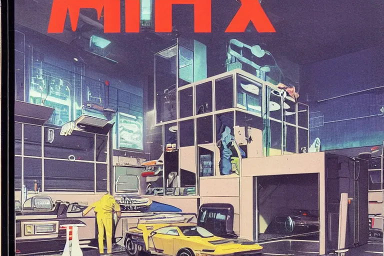 Image similar to 1979 OMNI Magazine Cover depicting a garage car-lift and a surgery room. Cyberpunk Akira style by Vincent Di Fate
