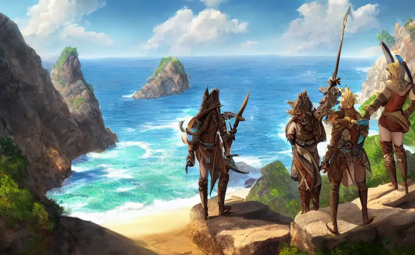 Prompt: four dnd adventurers standing on a cliff looking at the beach, sunny, fantasy art, epic, 4 k