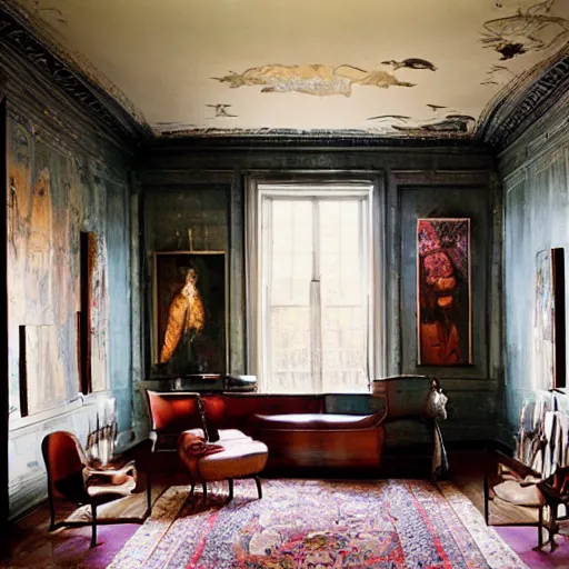Image similar to giant mansion room with walls filled with modern art paintings, doors that are cosmic portals, photo by Annie Leibovitz