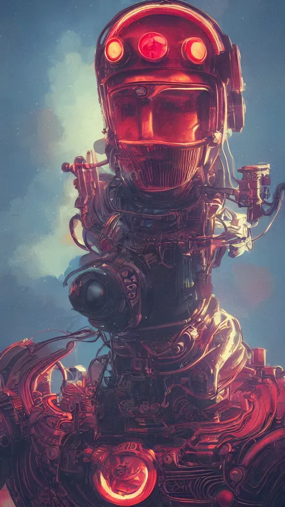 Prompt: concept art, retro - futurist steampunk pilot portrait, imperious, octane render, heroic, artstation, dramatic neon lighting, glowing imperial motifs, eerie, mysterious, red turquoise accents, bladerunner, by gerald brom, james jean, syd mead, akihiko yoshida, cinematic