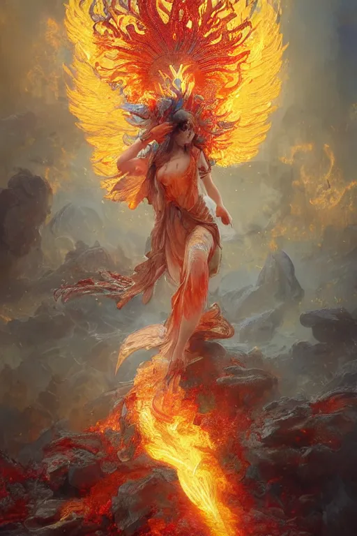 Prompt: a portrait of godess of fire surounded by flaming phoenix in intricate detailed color smashing fluid oilpaint, 3 d render, hyper realistic detailed portrait, color leaves, ruan jia, wlop. scifi, fantasy, hyper detailed, octane render, concept art, intense colors by peter mohrbacher, by wlop, by ruan jia, by alphonse mucha