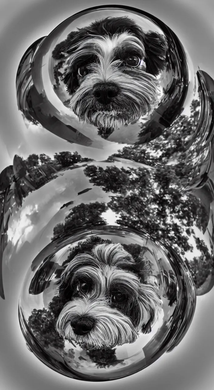 Image similar to fish eye lens portrait of one havanese dog reflected in a chrome sphere, ultra wide 8 mm, by m c escher pen and paper