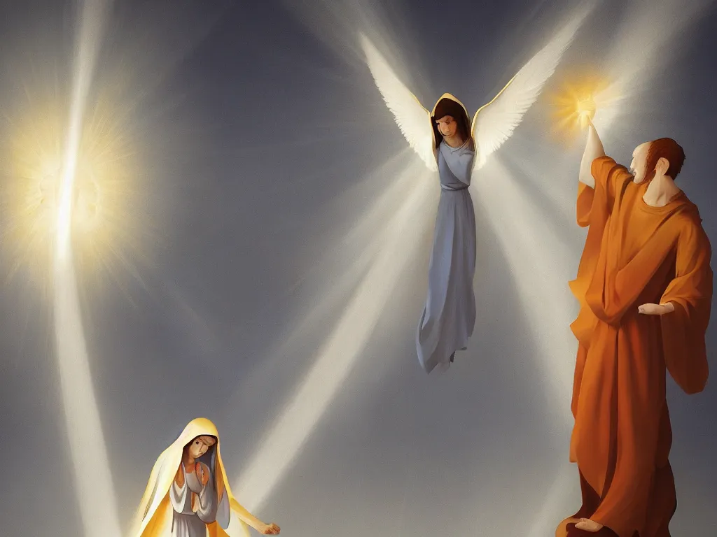 Prompt: the annunciation with mary on the left and archangel on the right, with a beam of light coming down from the top right towards mary on the left, by goro fujita, trending on artstation, 8k, highly detailed, digital graphic art