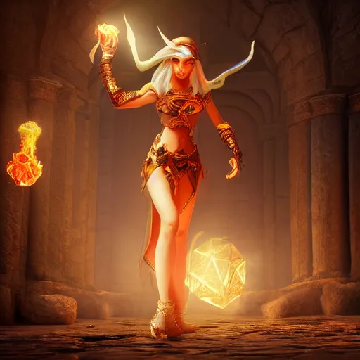 Image similar to digital art of half-elf sorceress from dungeons and dragons, a fireball spell forms in her hands, in a crowded ancient persian city, insanely detailed, depth of field unreal engine ultra-wide angle lens, volumetric lighting, vivid color,