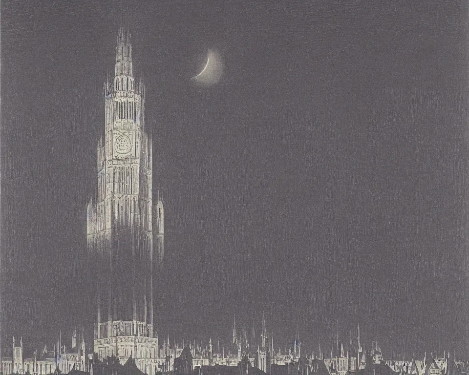 Image similar to achingly beautiful print of British Parliament bathed in moonlight by Hasui Kawase and Lyonel Feininger.