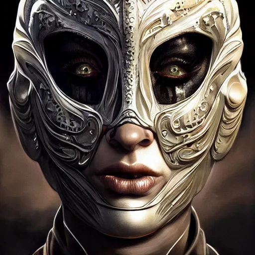 Prompt: Very very very very highly detailed epic photo of full face with scary venetian mask, intricate, dystopian, sci-fi, extremely detailed, digital painting, artstation, concept art, smooth, sharp focus, illustration, intimidating lighting, incredible art by Artgerm and Vincent di Fate