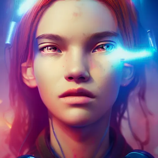 Image similar to A Stunning portrait of cyborg teen girl, art by Ross tran, vivid color palette, digital painting, 3D, octane render, post process in Photoshop, highly detailed, particles, light effect, volumetric lighting