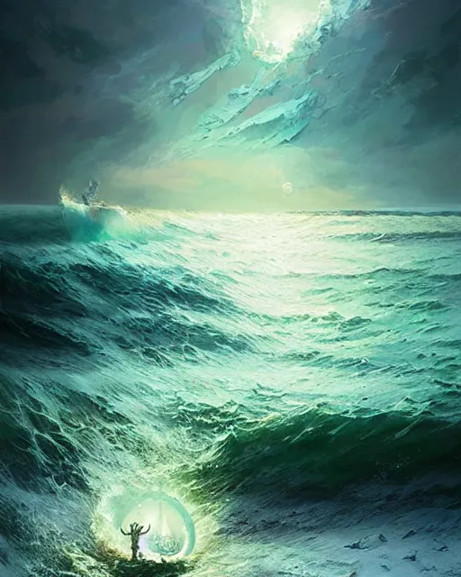 Prompt: Elder wizard controlling ocean waves with magic, fantasy art by marc simonetti, alena aenami, frank frazetta