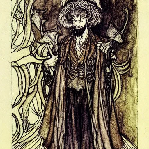 Prompt: A handsome King of the Fae with ram horns and beard wearing an exquisite suit, color illustration by Arthur Rackham