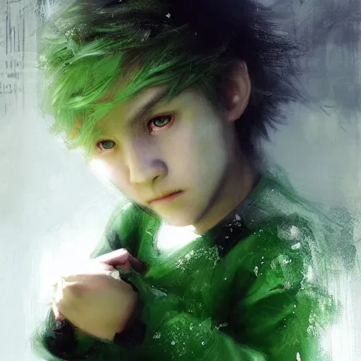 Prompt: a young boy of just 14 with snow white hair and glowing green eyes who can walk through walls, disappear, and fly. Ruan Jia