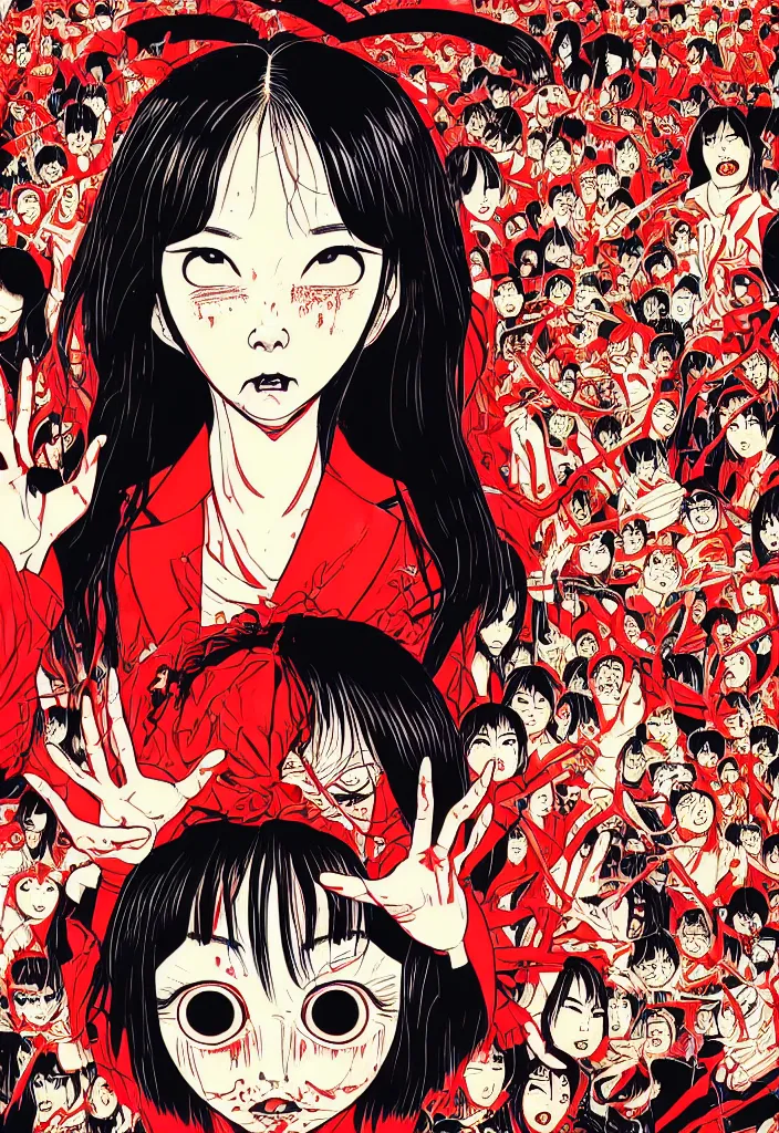 Image similar to a comic book style japanese horror poster of girl with large eyes in front of a shrine by dan mumford, yusuke murata and junji ito, blood lines, yokai, shinigami, exorcism, kami, eyes, shurikens, kanji, kaiju, 8k, unreal engine, trending on artstation, pixiv, intricate details, volumetric lighting