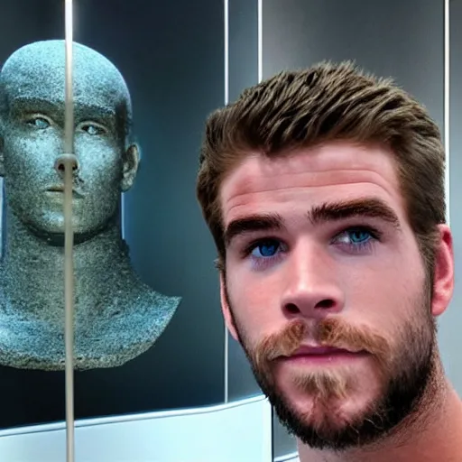 Image similar to “ a realistic detailed photo of a guy who is an attractive humanoid who is half robot and half humanoid, who is a male android, actor liam hemsworth, shiny skin, posing like a statue, blank stare, at the museum, on display ”