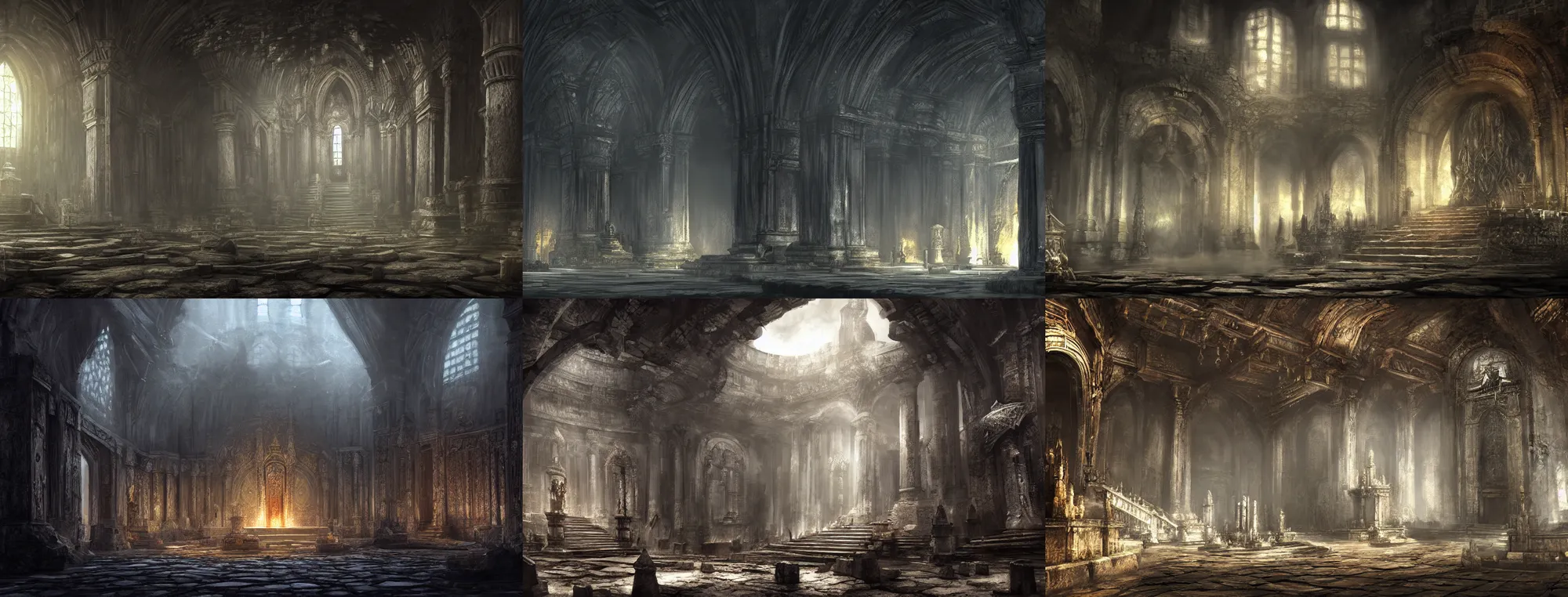 Prompt: Dark Souls concept art of the interior of a temple, dark, wide shot, hyper realistic, 4k, artwork, digital art