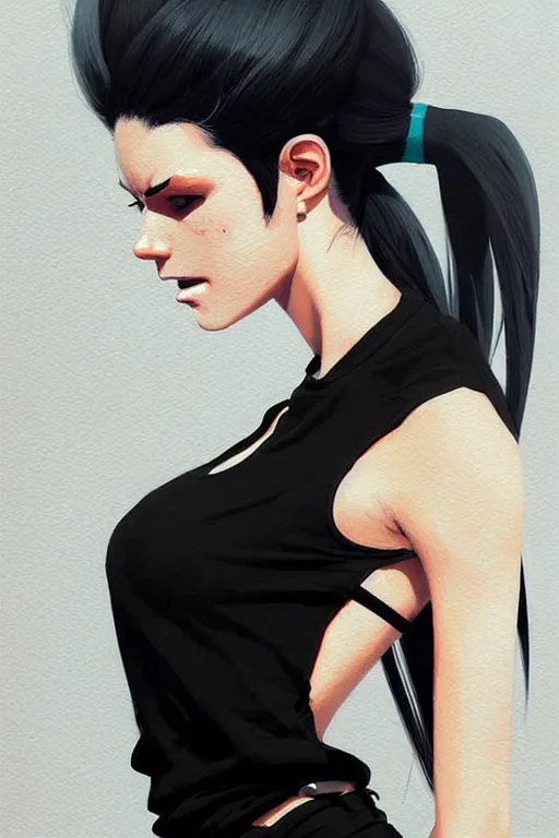 Image similar to a ultradetailed beautiful painting of a stylish woman in with white hair in a ponytail, she is wearing a black tank top, by conrad roset, greg rutkowski and makoto shinkai trending on artstation