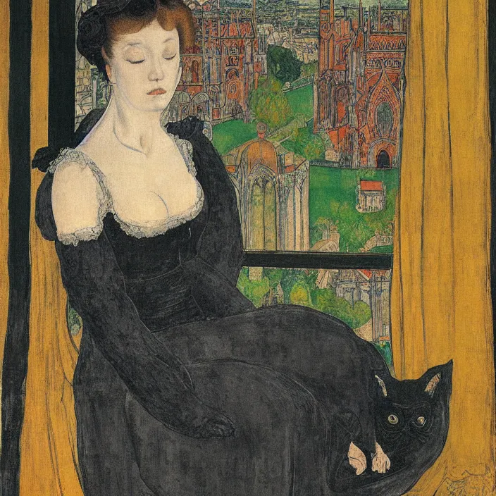 Prompt: close portrait of woman in night gown with cat, with city with gothic cathedral seen from a window frame with curtains. sunset. lucas cranach, bonnard, henri de toulouse - lautrec, utamaro