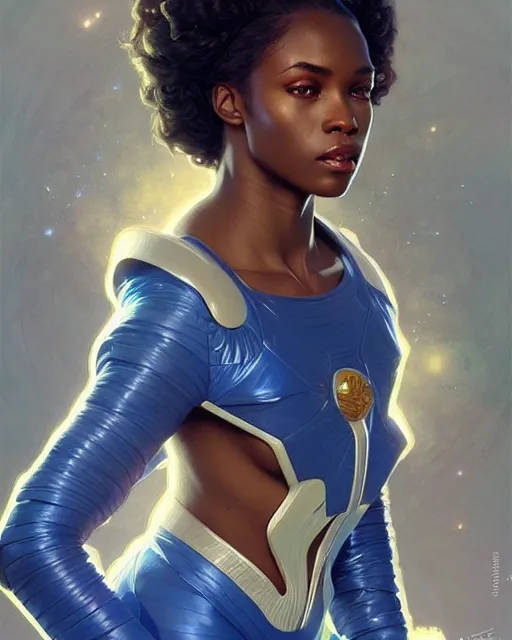 Image similar to Portrait of very very very very very very beautiful nigerian woman, spacesuit, blue eyes, real life skin, intricate, elegant, highly detailed, artstation, concept art, smooth, sharp focus, art by artgerm and greg rutkowski and alphonse mucha