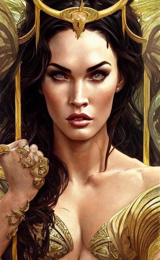 Image similar to portrait of megan fox as the goddess circe, greek mythology, intricate, headshot, highly detailed, digital painting, artstation, concept art, sharp focus, cinematic lighting, illustration, art by artgerm and greg rutkowski, alphonse mucha, cgsociety