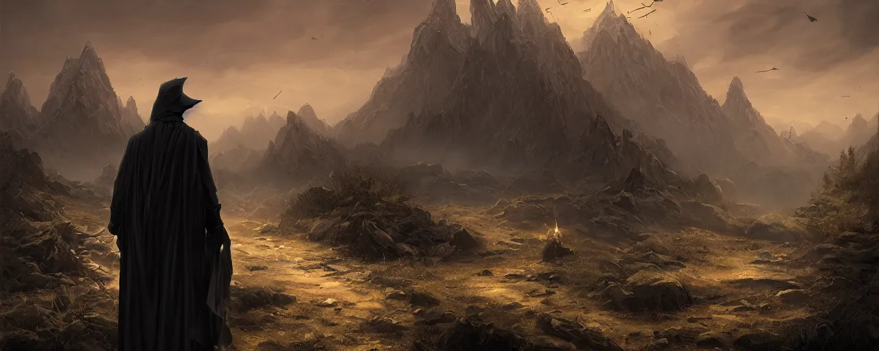 Image similar to a dark wizard as the subject of a landscape artwork where he is walking along an old path leading up to a mountain in the background, the sky is dark and gold, and the mood of this artwork is dull, very detailed concept art, matte painting, digital art, concept art, realistic beautiful, trending on artstation, greg rutkowski