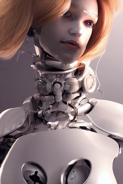 Image similar to a beautiful woman with blonde hair wearing robot suit with wires and light, highly detailed, photorealistic, artstation, smooth