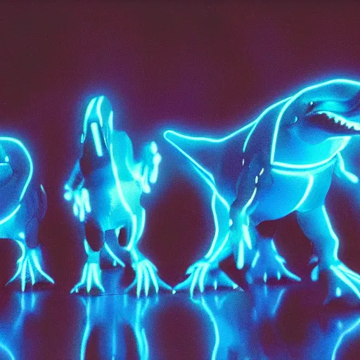 Image similar to electric blue scaled glowing baby dinosaurs in tron movie, cinestill