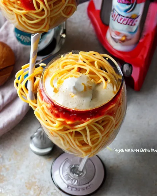 Image similar to a spaghetti milkshake, cookbook photo