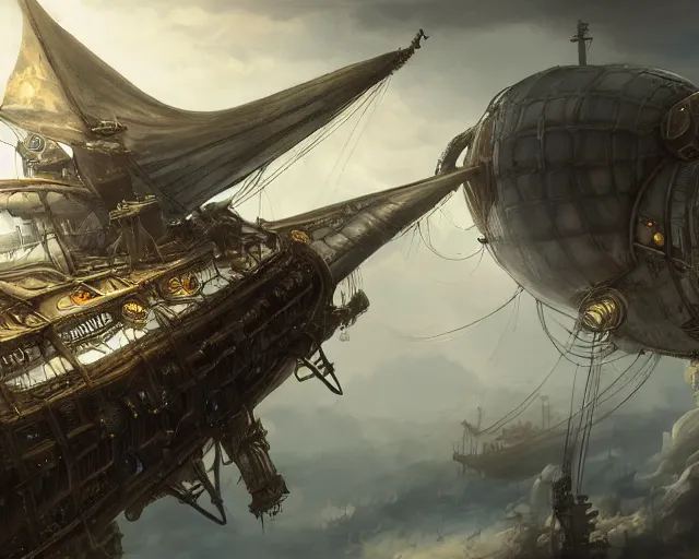 Prompt: legendary steampunk airship in medieval planet sky, alien technology, cinematic, highly detailed, smogpunk engines with sails, scifi, intricate digital painting, interesting angle artstation, by johnson ting, jama jurabaev