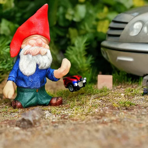Prompt: Gnome George Floyd steals a car in my yard, high detail photo