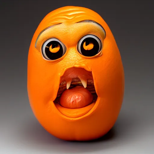 Image similar to a taxidermized annoying orange, in a museum, 8 5 mm lens, 7 0 mm entrance pupil diameter