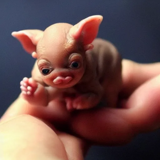 Image similar to a tiny pigmy baby demon in the palm of a person's hand, super cute