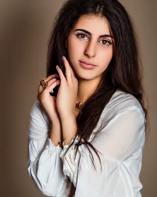Prompt: a highly realistic, true to life portrait of a beautiful young middle eastern girl, soft focus, from the waist up, with sharp features, a beautiful face, soft smile, under studio lighting, taken with a canon eos camera with 1 3 5 mm focal length