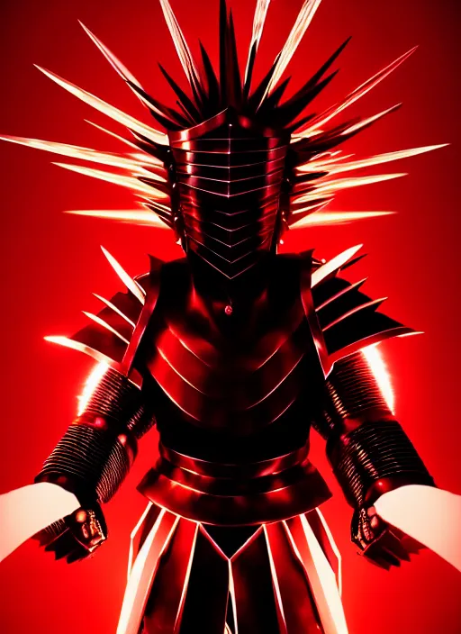 Image similar to a striking cinematic full body manga portrait of a long black haired masked male teenager wearing imposing red jagged spiked plate armour and glowing with raging powerful red energy by hirohiko araki and beeple, fine details, digital art, character concept art, volumetric lighting, cinematic light, photorealistic