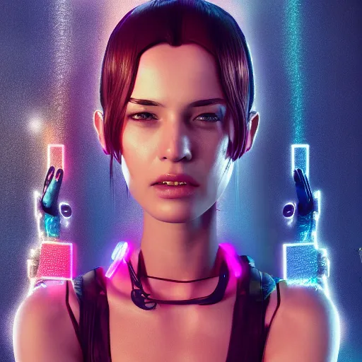 Image similar to the cyberpunk girl portrait, render, octane, 4k, highly detailed, vivid colors, high definition, Johanna, Martine