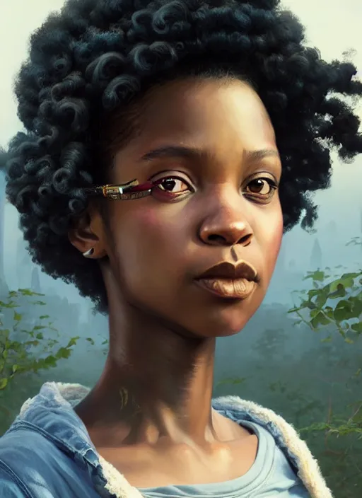 Image similar to highly detailed portrait of black girl with puffy curly hair looking at the camera in gta v, stephen bliss, unreal engine, fantasy art by greg rutkowski, loish, rhads, ferdinand knab, makoto shinkai and lois van baarle, ilya kuvshinov, rossdraws, tom bagshaw, global illumination, radiant light, detailed and intricate environment