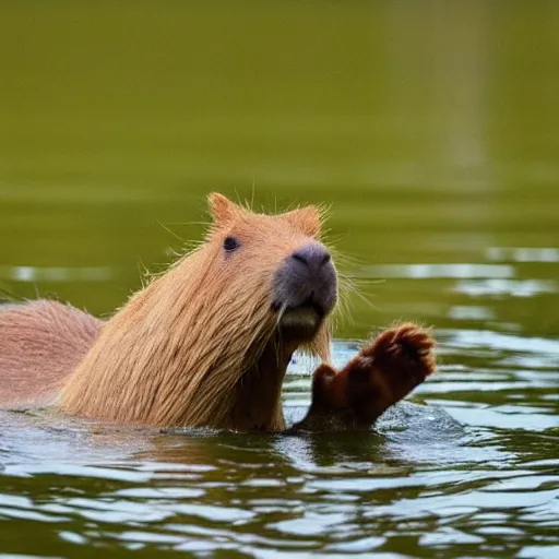 Prompt: candid photograph of a capybara swimming in a lake