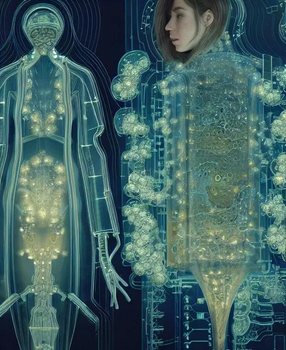 Image similar to intricate opulent transparent clear see - through portrait of microbes, fractal, neon lights, circuitry, dense industrial environment, ultra realistic, concept art, art deco, photorealistic, octane render, 8 k, unreal engine. art by nori inoguchi and sam kaplan and zachary goulko and christopher marley and artgerm and alphonse mucha