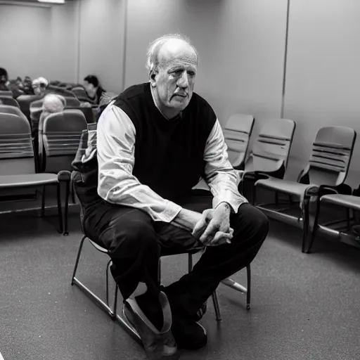 Prompt: wide angle portrait of werner herzog sitting alone in the waiting area of the dmv. ultra wide angle, wes anderson, award winning, hyperrealistic, grand budapest hotel, studio lighting, very detailed face, chiaroscuro, film noir