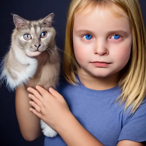 Image similar to photographic studio portrait of a child holding a birman cat, high quality, clean, anatomically accurate, studio lighting, stock photo, 8k, hd